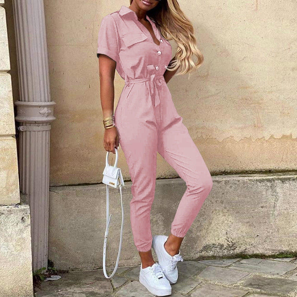 Women'S Summer Cargo Trousers Casual Turndown Collar Buttoned Printed Belt Jumpsuit 20
