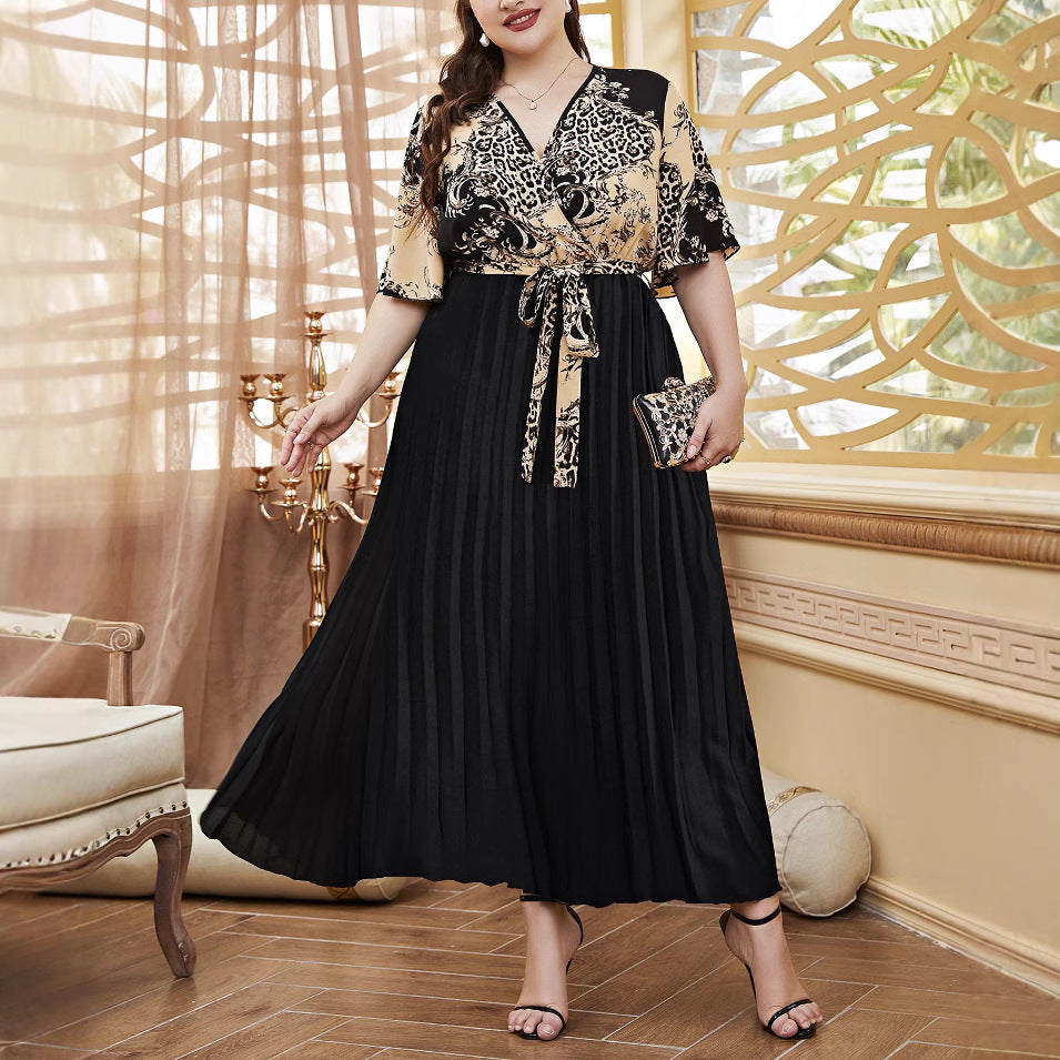 Plus Size Women Waist tie print sexy v-neck Patchwork short sleeve Dress 4