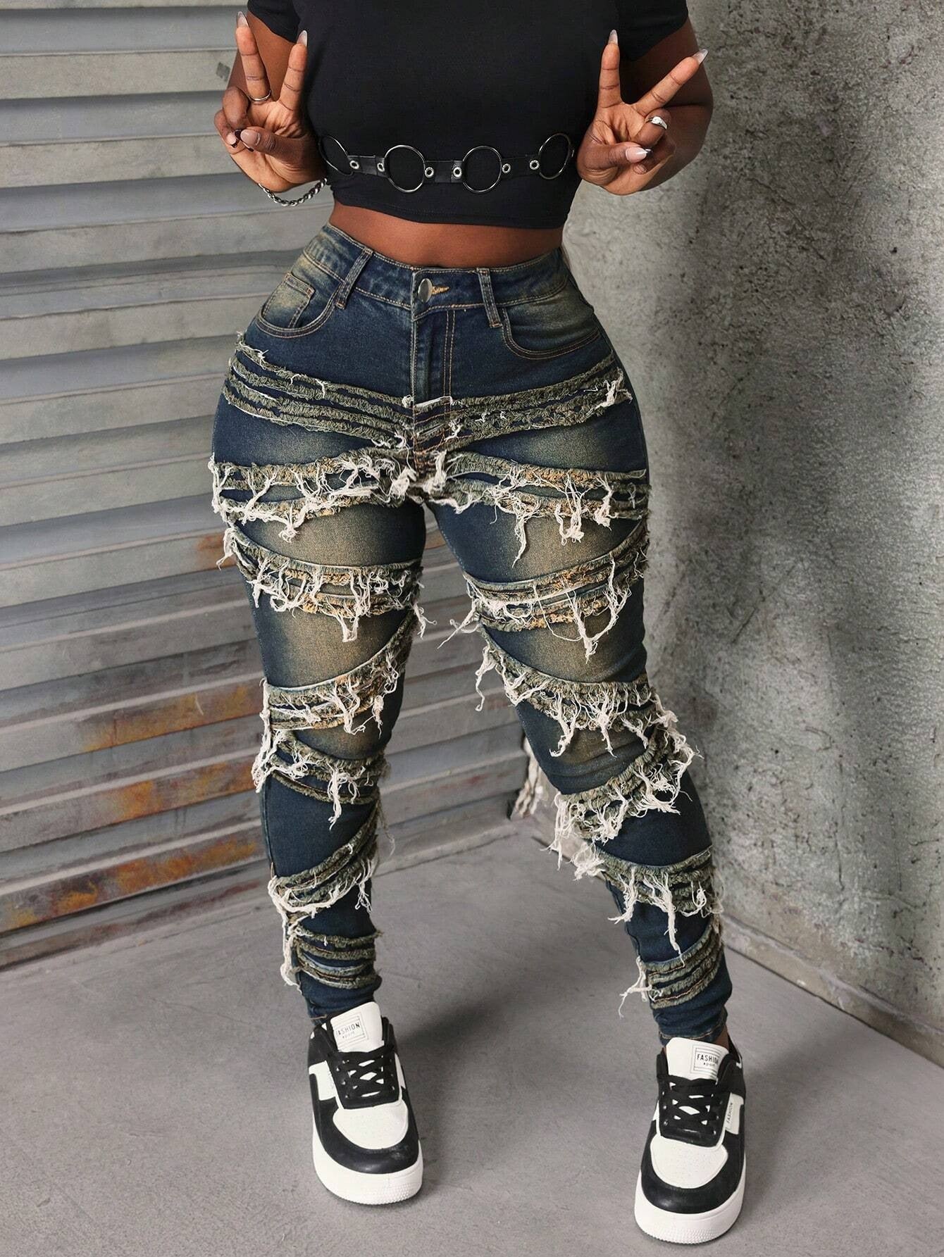 Women's Street Fashion Patch Denim Skinny Pants