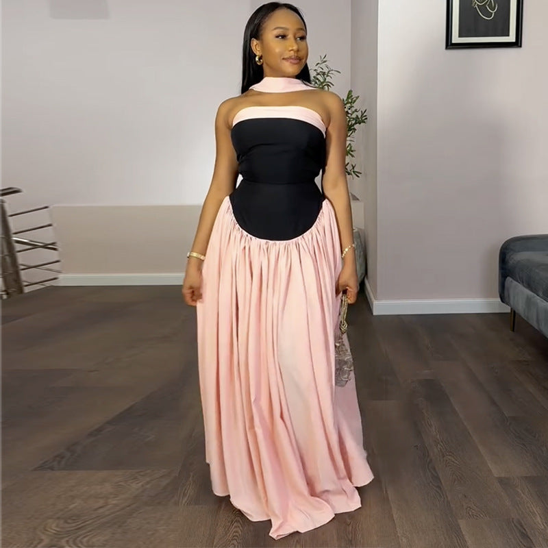 Women Summer Strapless Color Block Pleated Dress 5