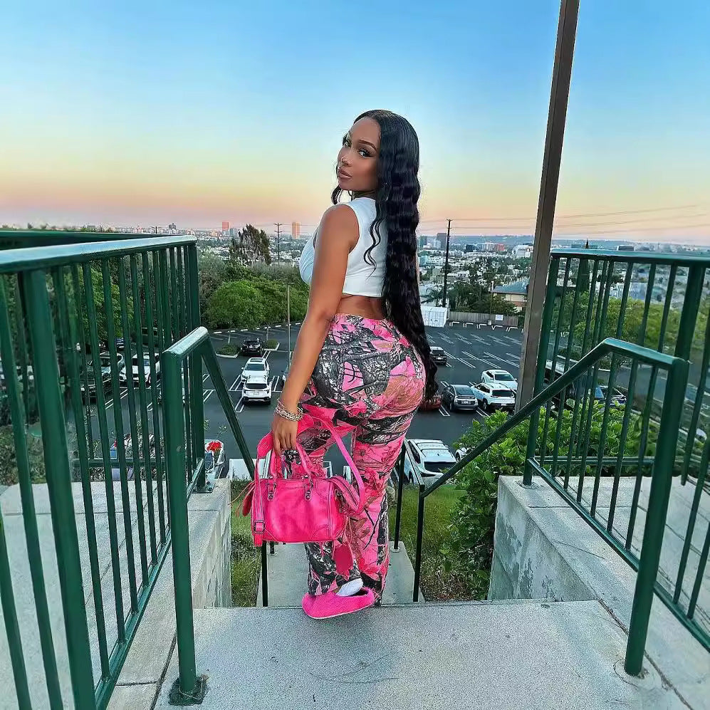 Women Pink Camouflage Street Bell Bottom Pants 5