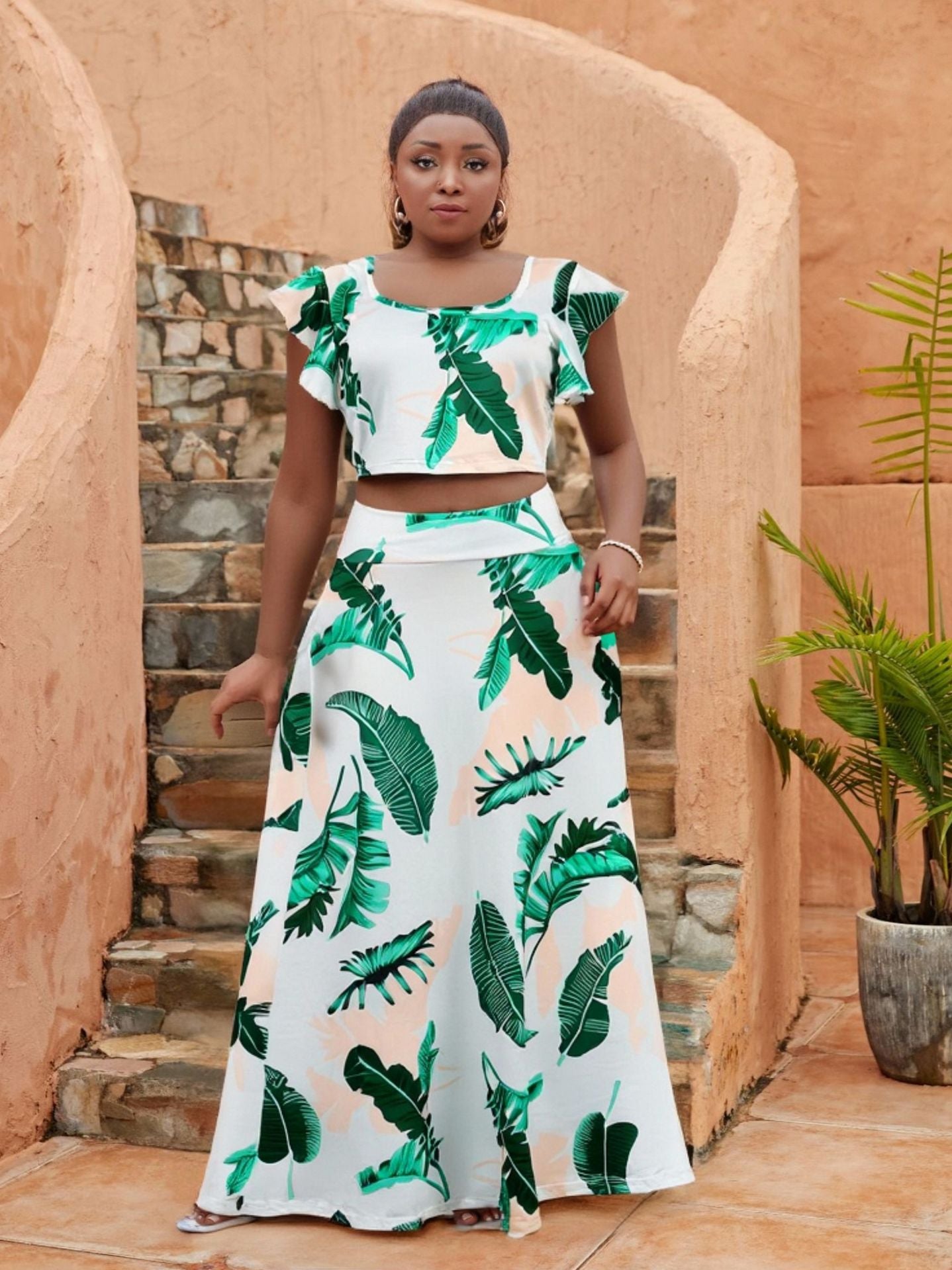 Plus Size Women Women Casual Ruffle Sleeve Printed Top and Long Skirt Two-piece Set 12