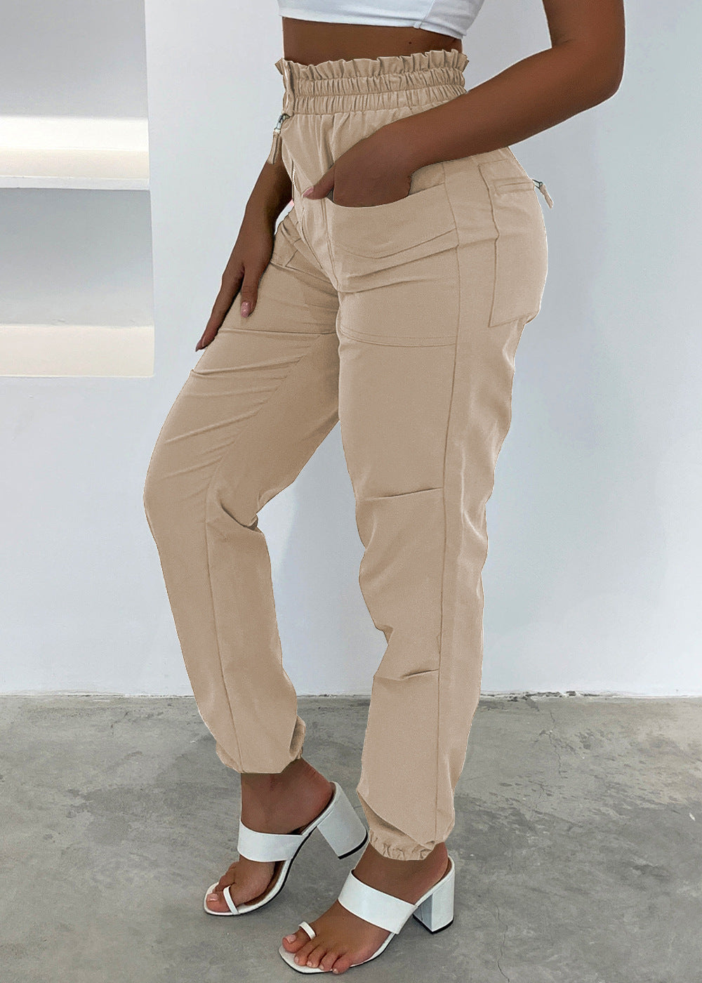Pants fashion high waist button pocket design cuffed cargo pants women casual trousers