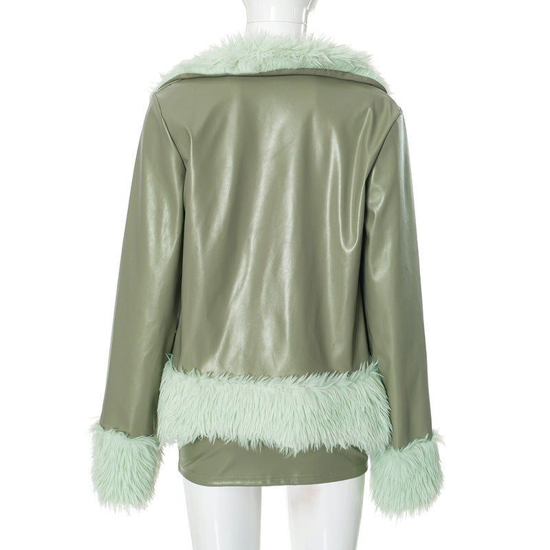 Women Pu-Leather Fur Collar Jacket and Skirt Two Piece Set 15