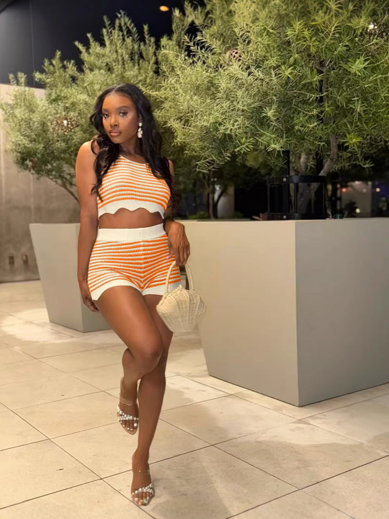 Fashion Casual Summer Contrast Color Knitting Short Sleeve Two Piece Shorts Set 12