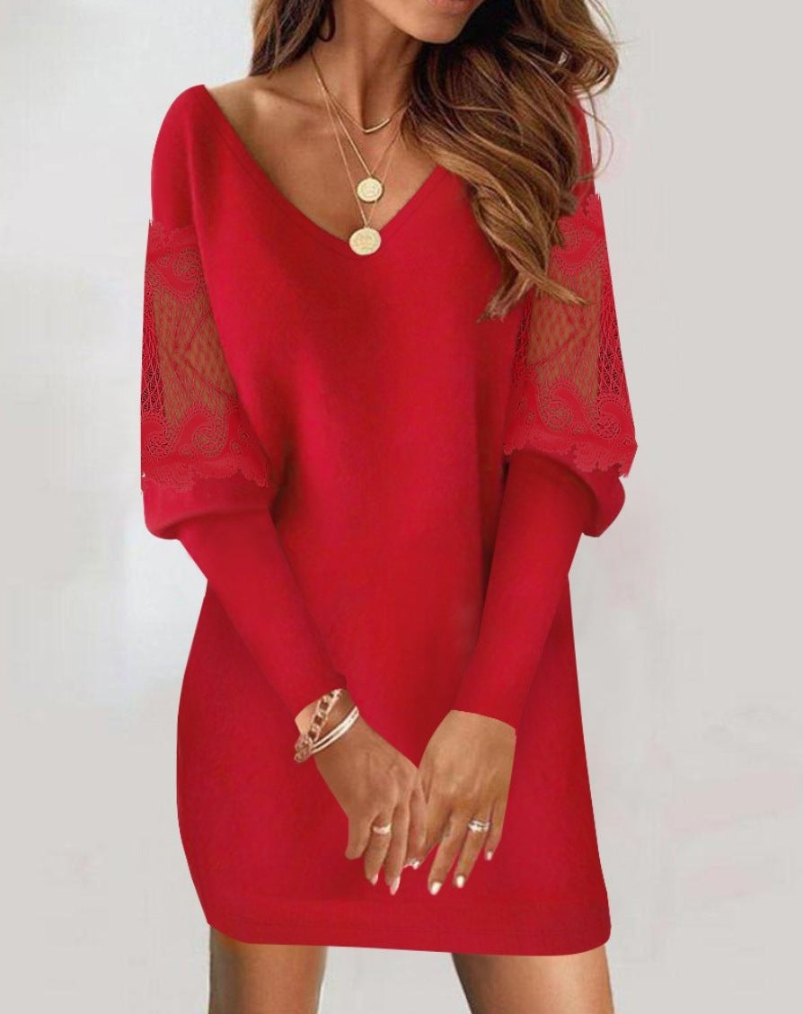 Women v-neck long sleeve printed lace patchwork dress 5