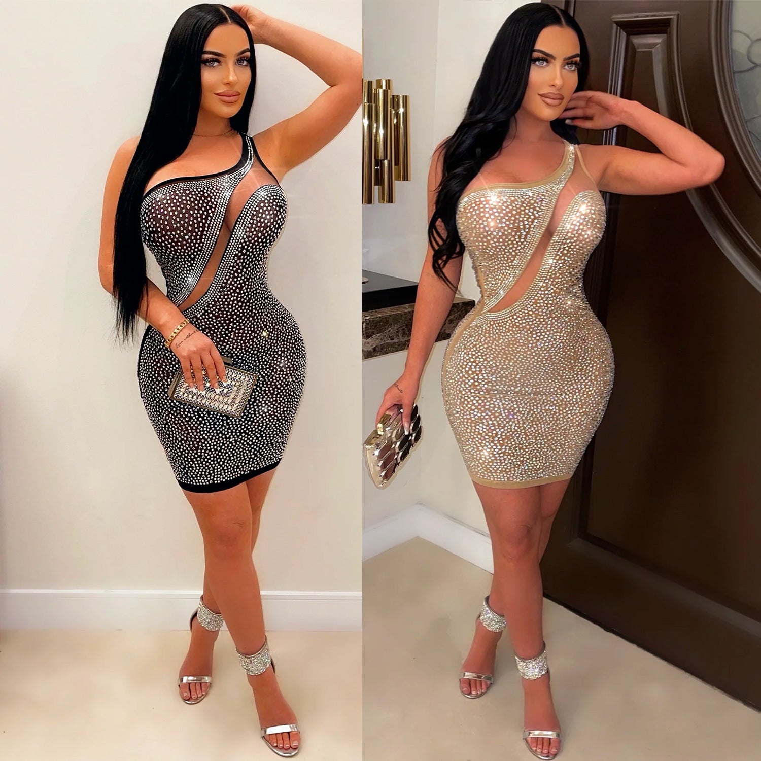 Women's sexy mesh beaded see-through nightclub dress 9