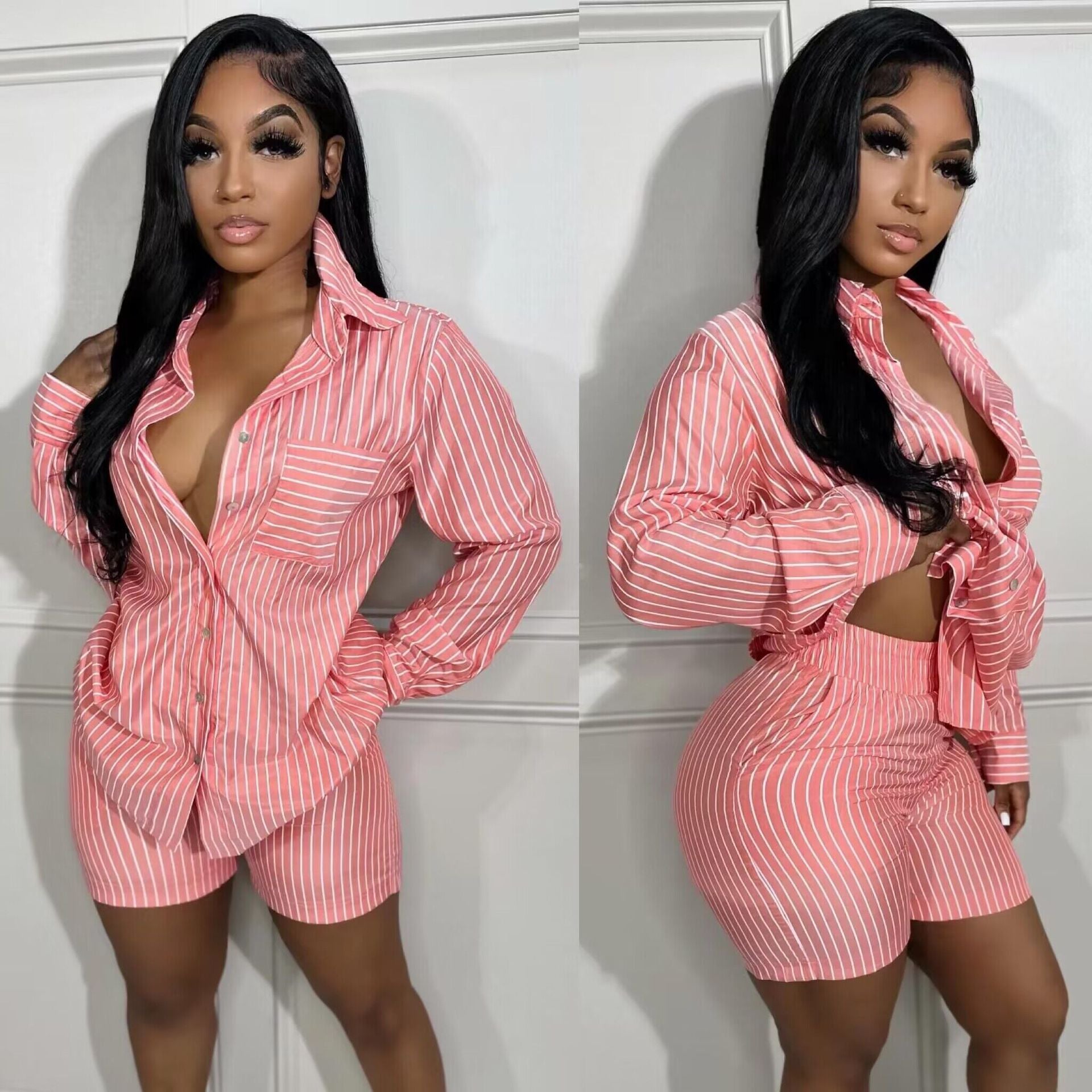 Women's Fashion Casual Stripe Patch Pocket Summer Shirt Shorts Two-Piece Set 5