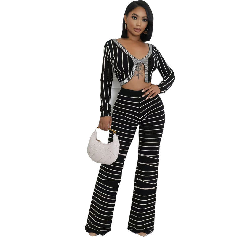 Casual Stripes Long Sleeve Top Trousers Autumn Two Piece Set 5