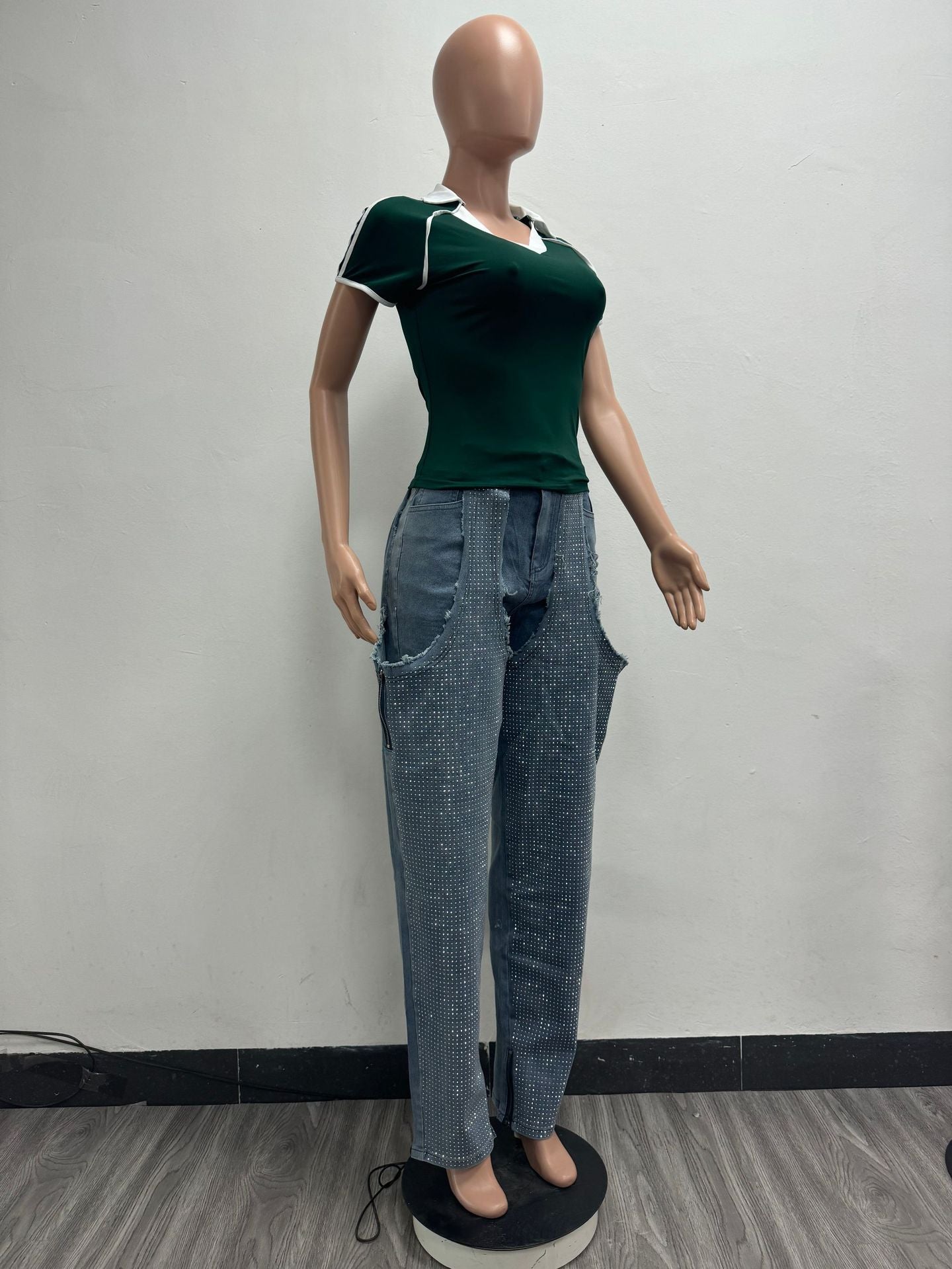 Fashion Irregular hollow Patchwork zipper Beaded elastic Denim pants 7