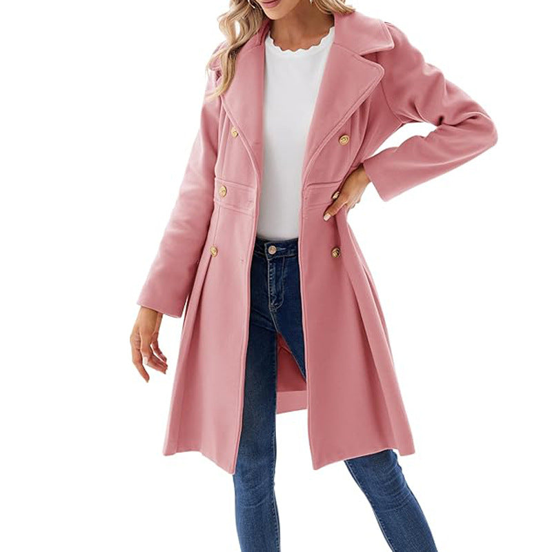 Women Fall and Winter Turndown Collar Double-Breasted Pocket Windbreaker 89