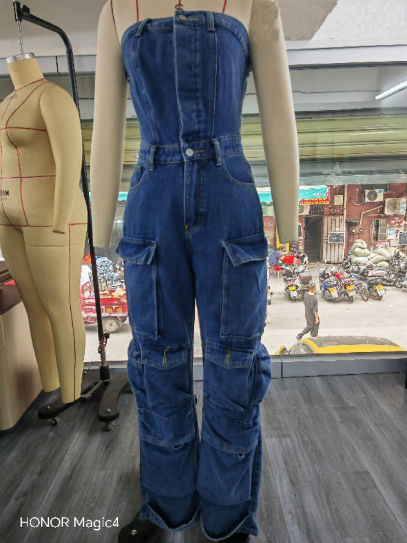High street strapless pocket Cargo denim overalls jumpsuit 4