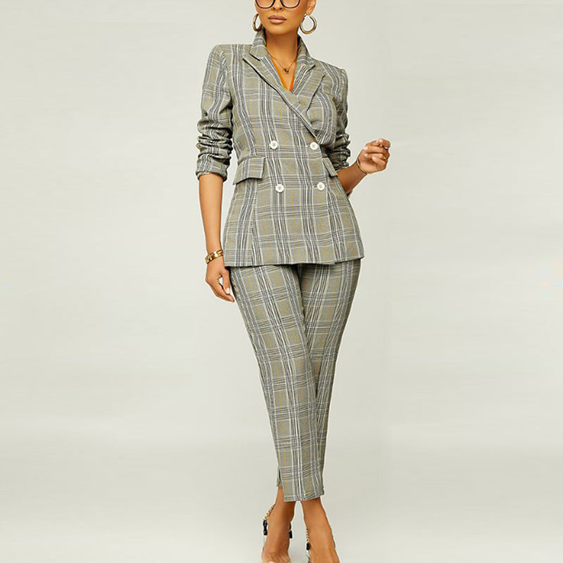 Women Spring Plaid Professional Blazer and Pant Two-Piece Set 4