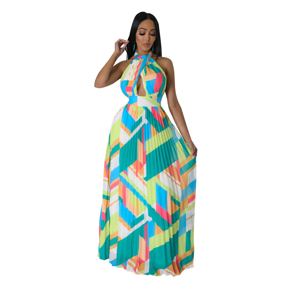 Women Halter Neck Backless Pleated Print Sleeveless Dress 12