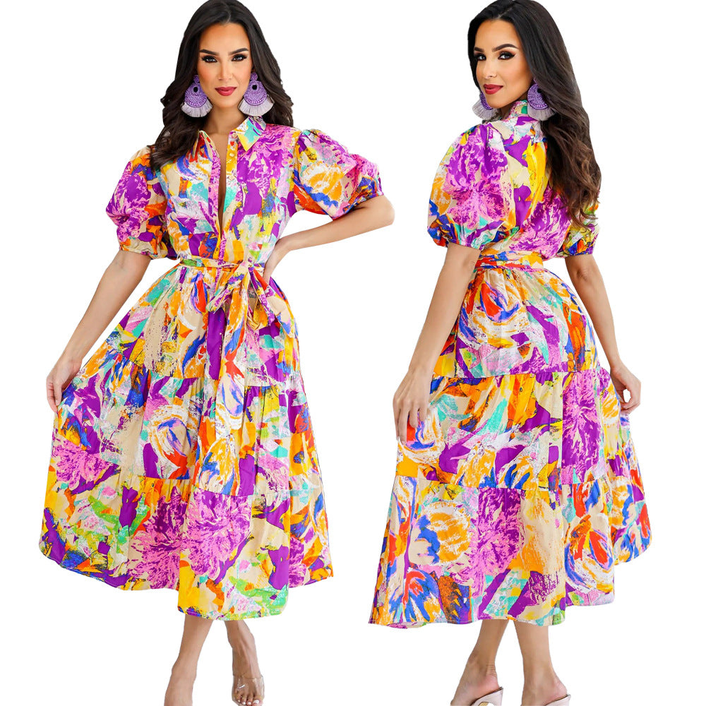Women Chic Printed Turndown Collar Lantern Sleeve A-Line Dress