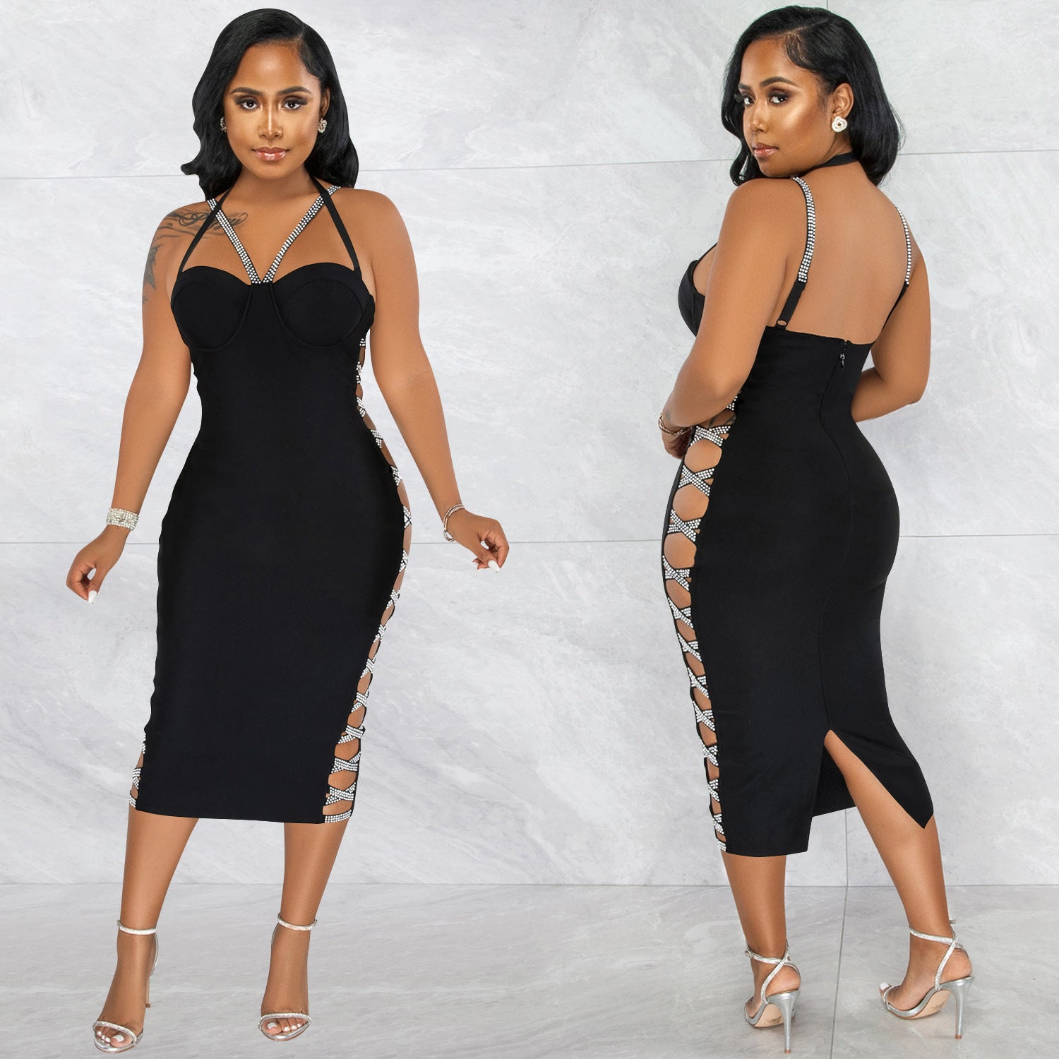 Solid color sexy suspenders hollow zipper long skirt slit dress women