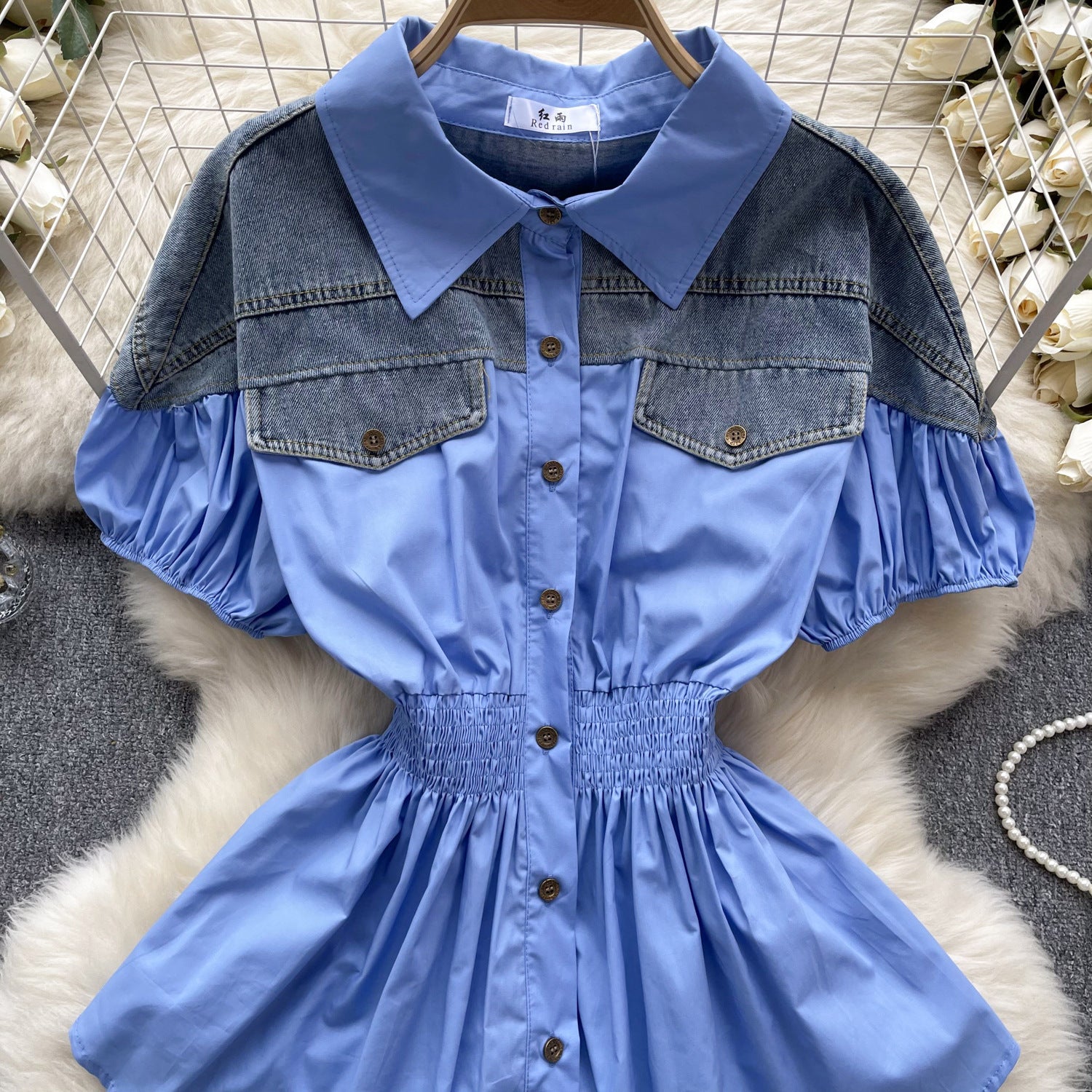 Women Contrast Patchwork Puff Sleeve Stretch Shirt 24