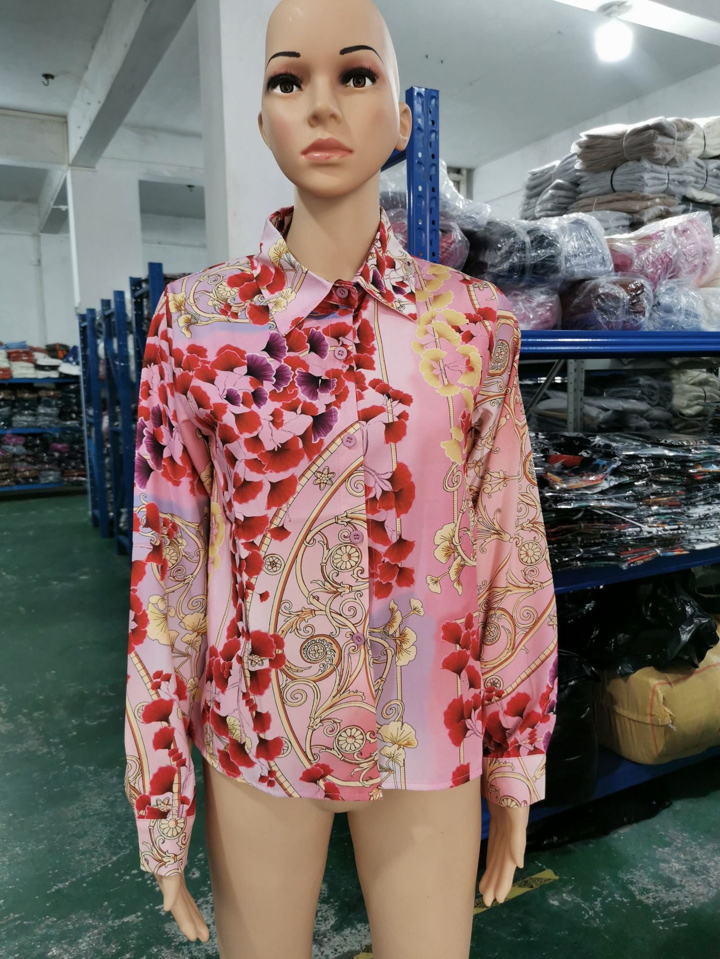 Women Long Sleeve Turndown Collar Button Print Shirt 13