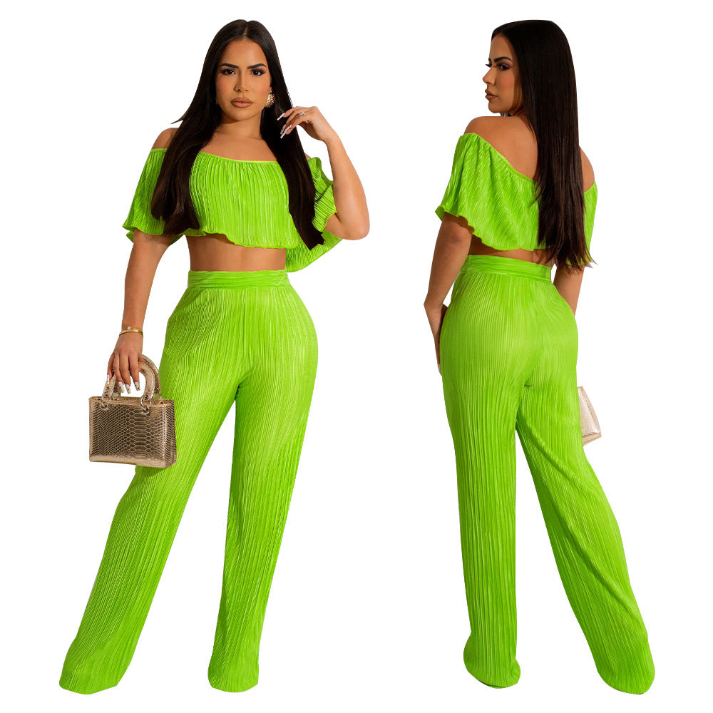 Women's Pleated Ruffle Off Shoulder crop top Wide Leg Pants two piece Set 10