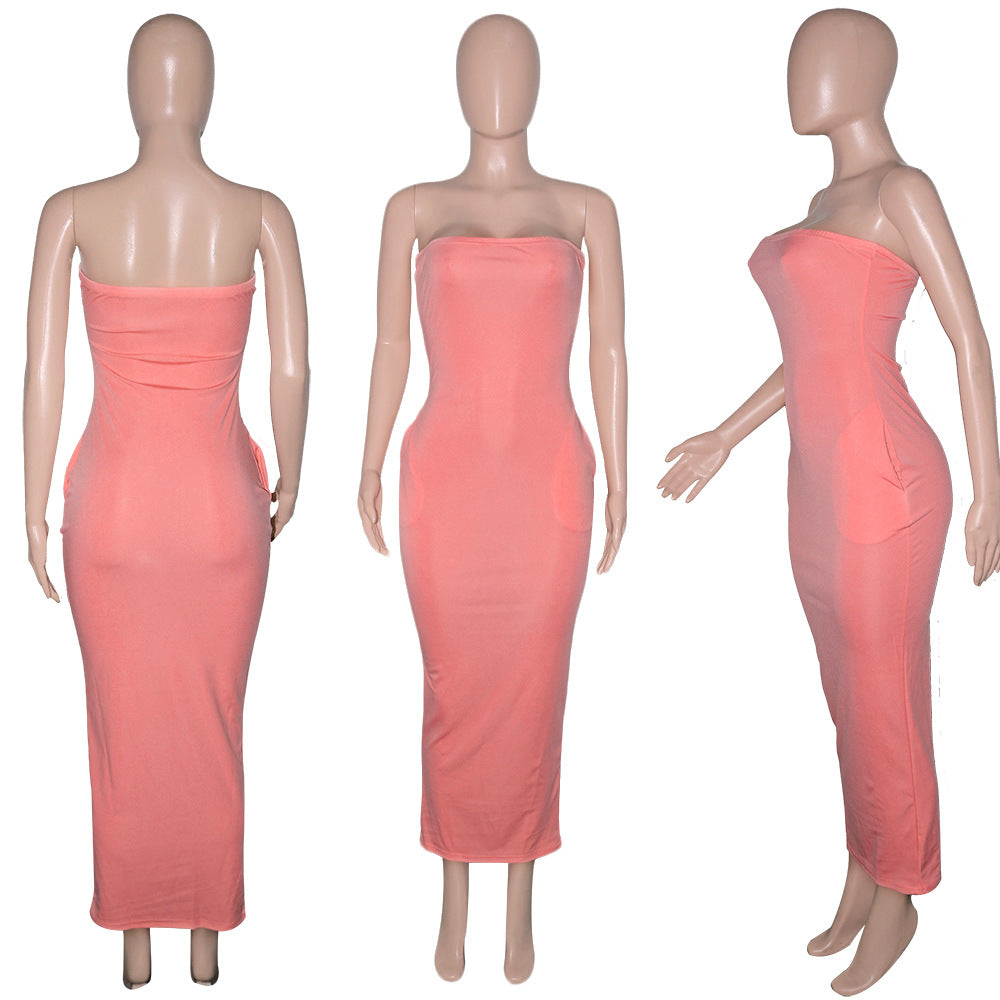 Women's Sexy Solid Color Strapless Dress Fashion Chic Long Dress 10