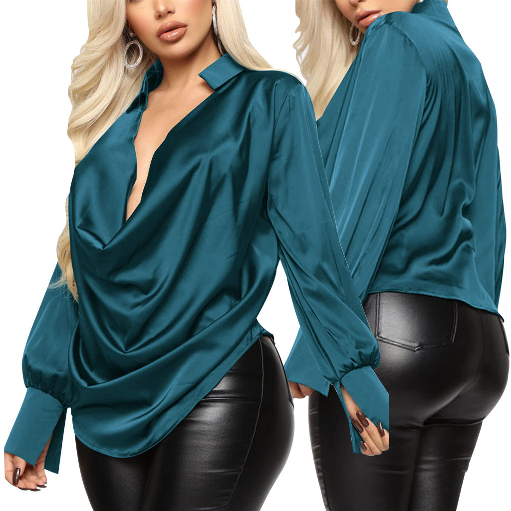 Sexy Fashion Solid Color Stretch Ladies Satin Blouse 5