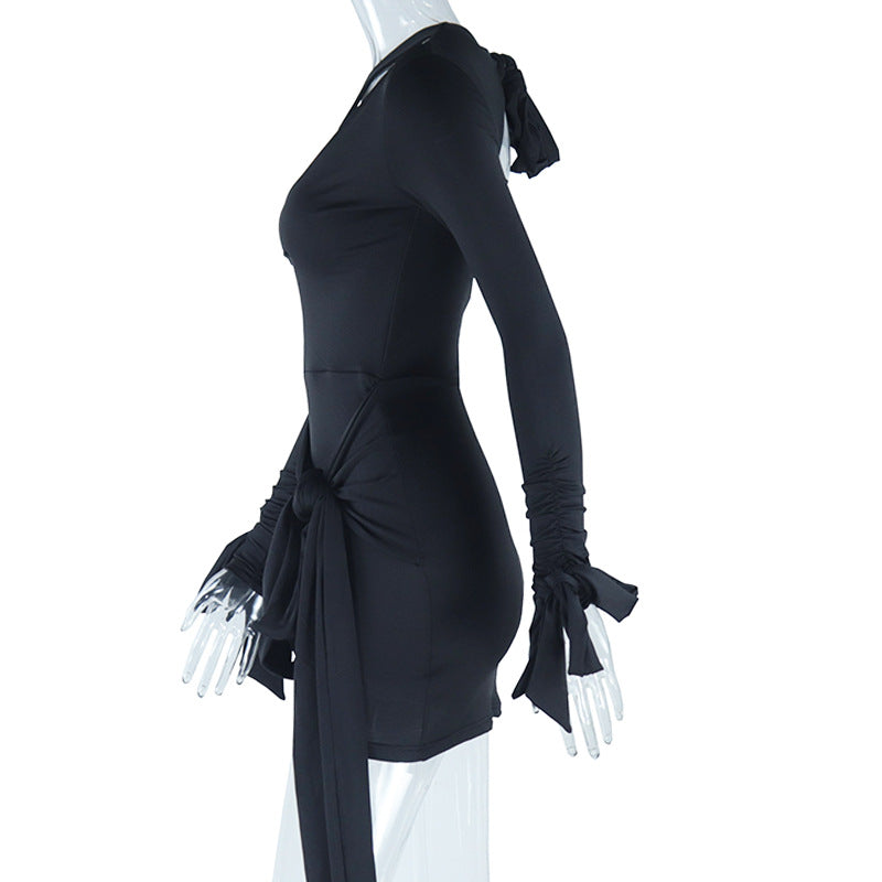 Pure color sexy deep v Low Back tie Slim Waist Chic Street Bodycon short dress 12