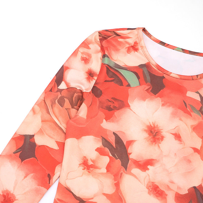 Women Fall/Winter Round Neck Floral Print Long-Sleeved Top and Pants Two-Piece Set 14