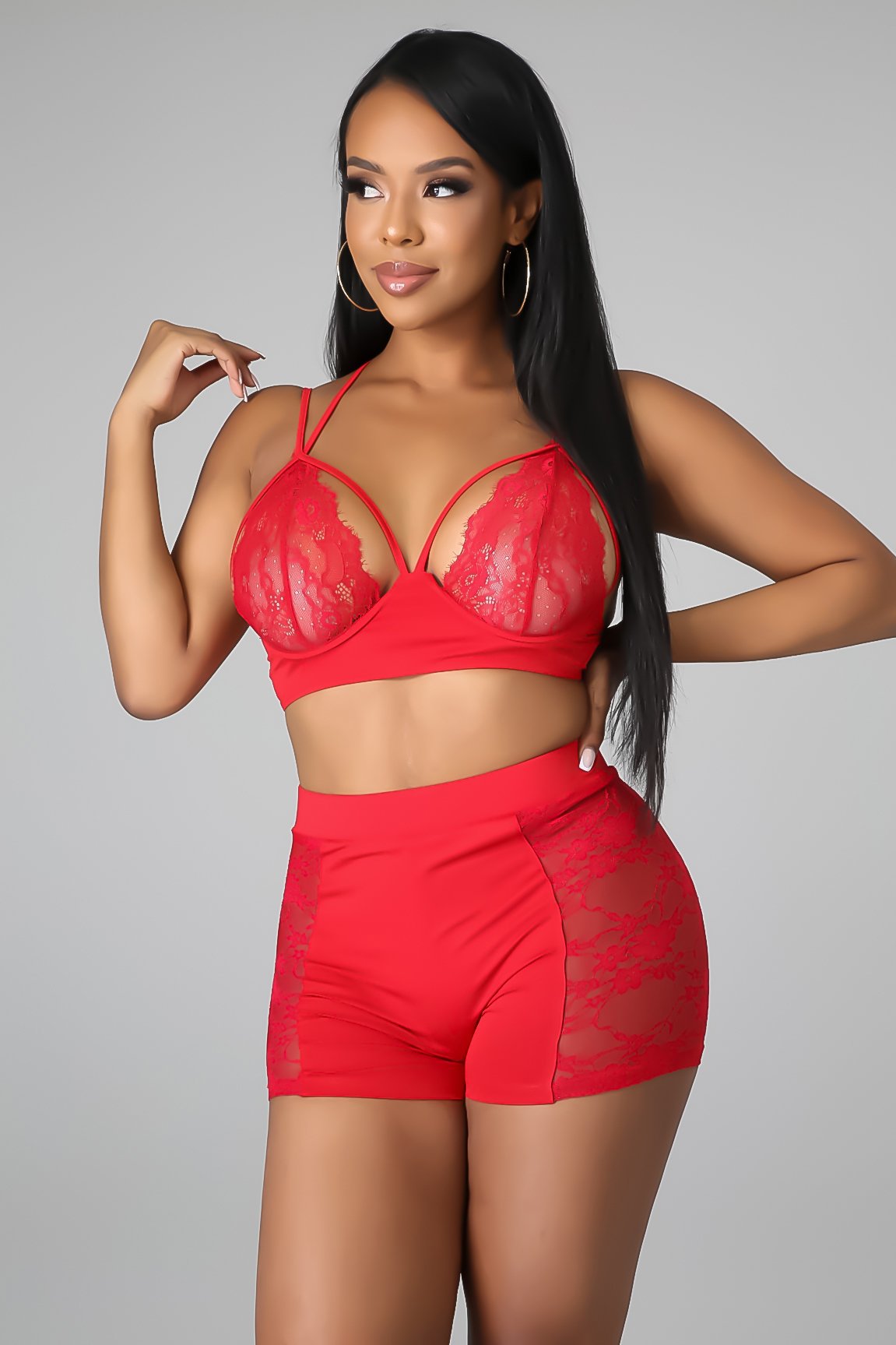 Women Body-fitting Lace Shoulder Strap Lace Two-piece Set 3