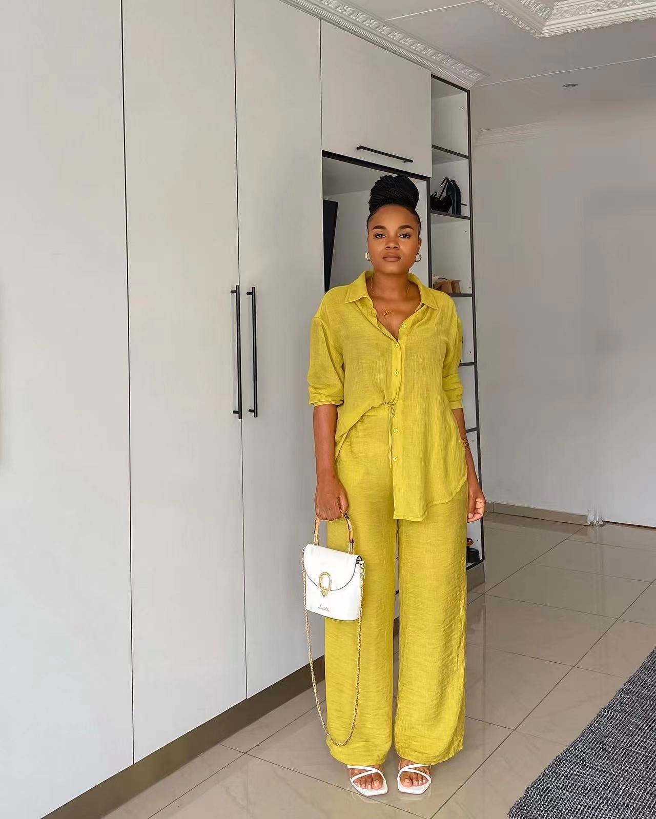 Women Casual long-sleeved shirt and straight pants two-piece set