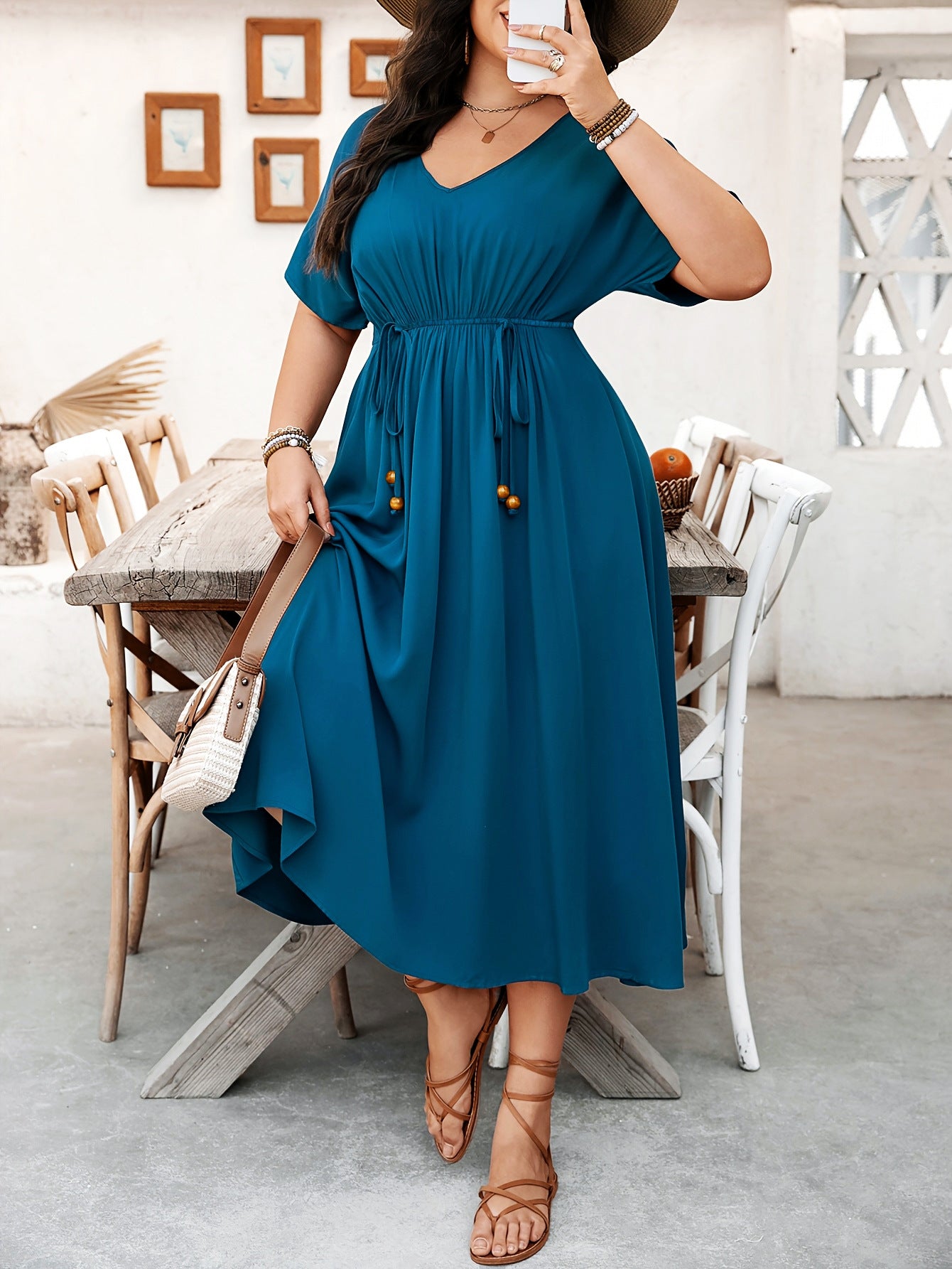 Women's Fashion Elegant V-Neck Short Sleeve Slim Waist Plus Size Dress 3