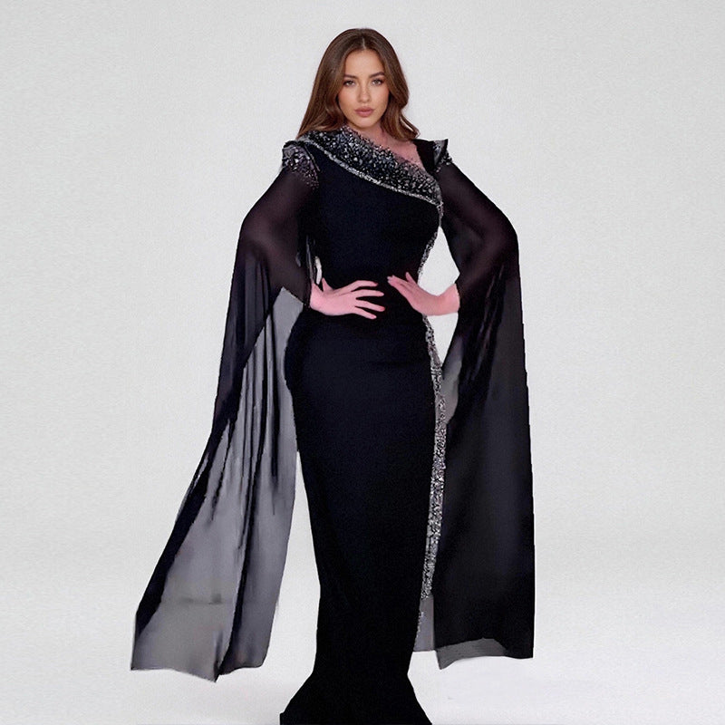 Women Elegant Slash Shoulder Beaded Evening dress