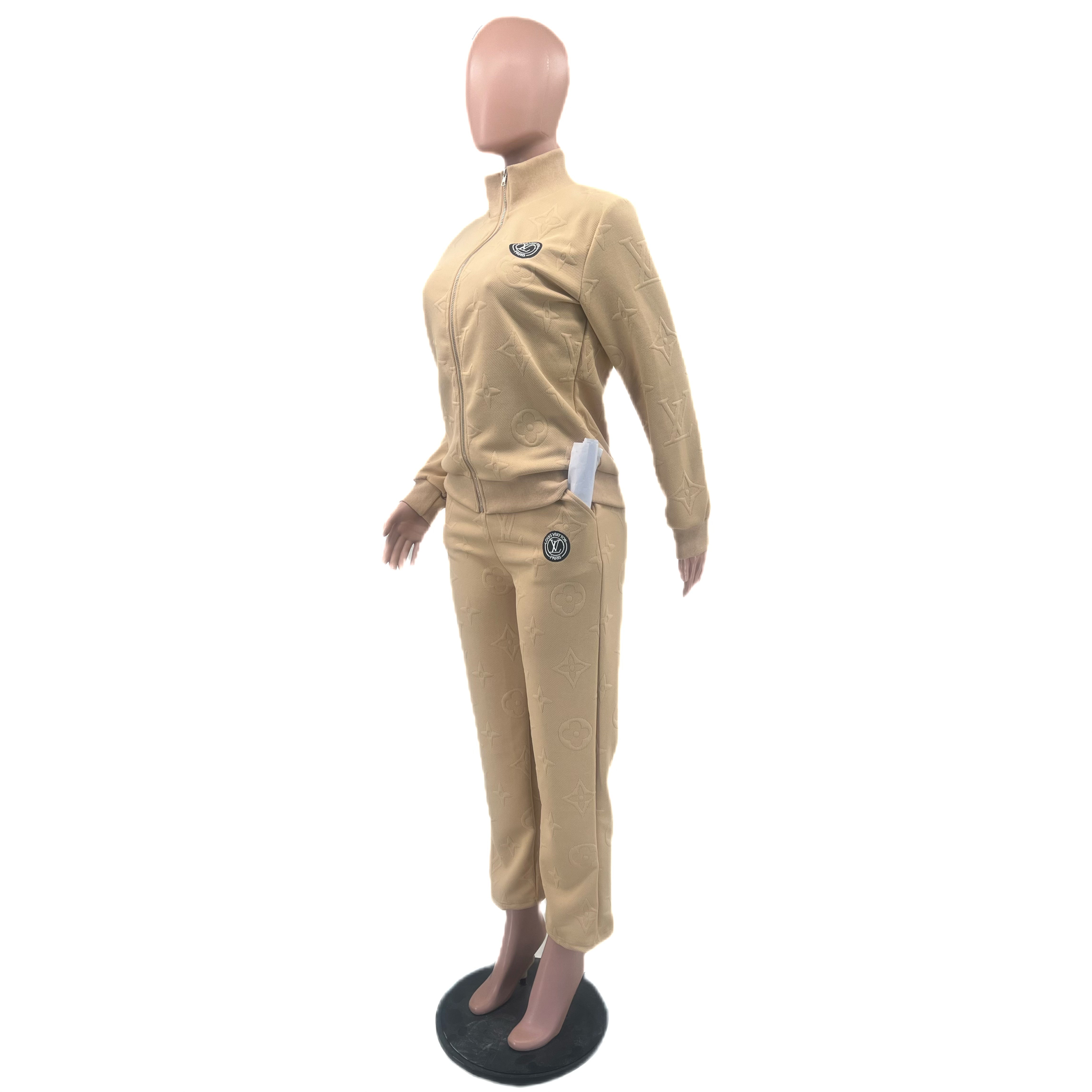 Women Embossed Embroidered Sport Ribbed Zipper Top and Pant Two Piece 9