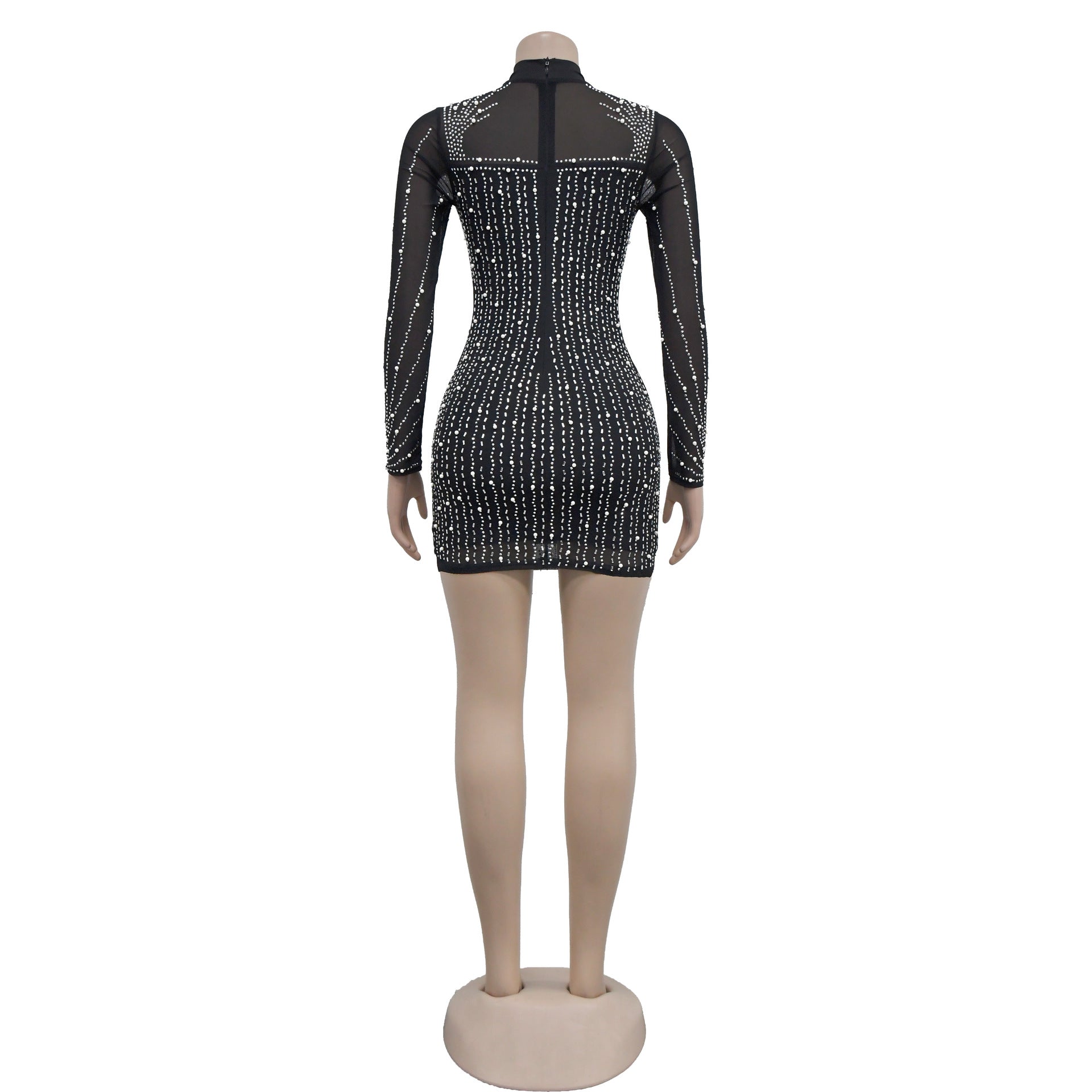 Fashion Ladies Long Sleeve Beaded Mesh See-Through Dress 10