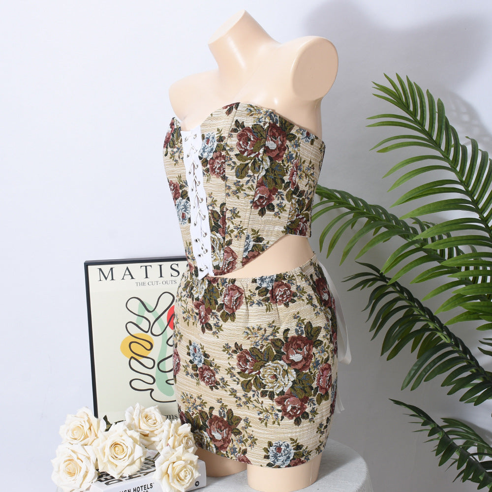 Summer Slim Contrast Low-Back Lace-Up Jacquard Skirt Set for Women 7