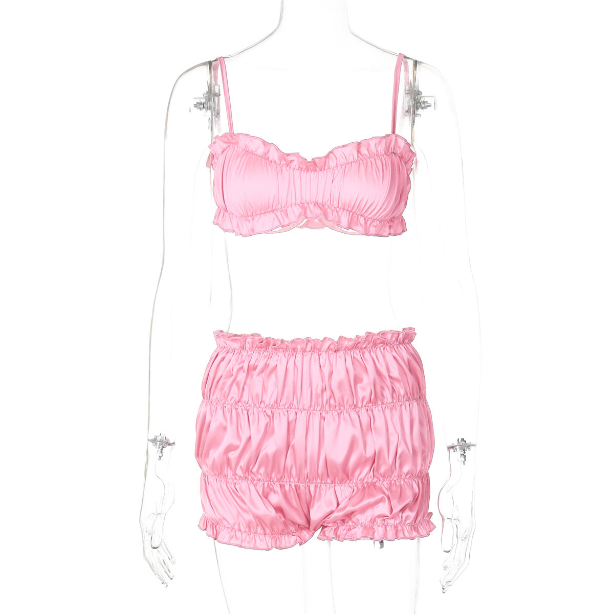 Women's Summer Fashion Sexy Strap Crop Top Pleated Shorts Two Piece Set 19