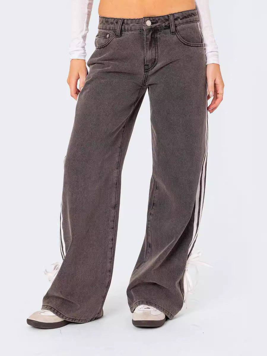 Women Loose Stripe Denim Wide-leg Pants 8