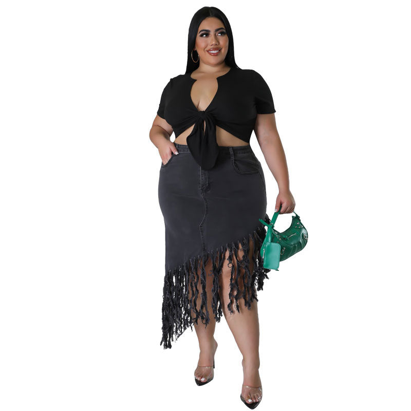 Plus Size Women Fringe Denim Skirt 7