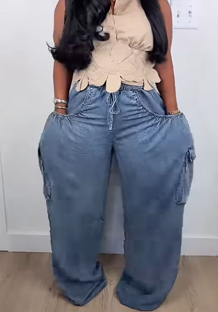 Women's Casual Denim Pants Elastic Waist Drawstring Multi-Pocket Straight Jeans