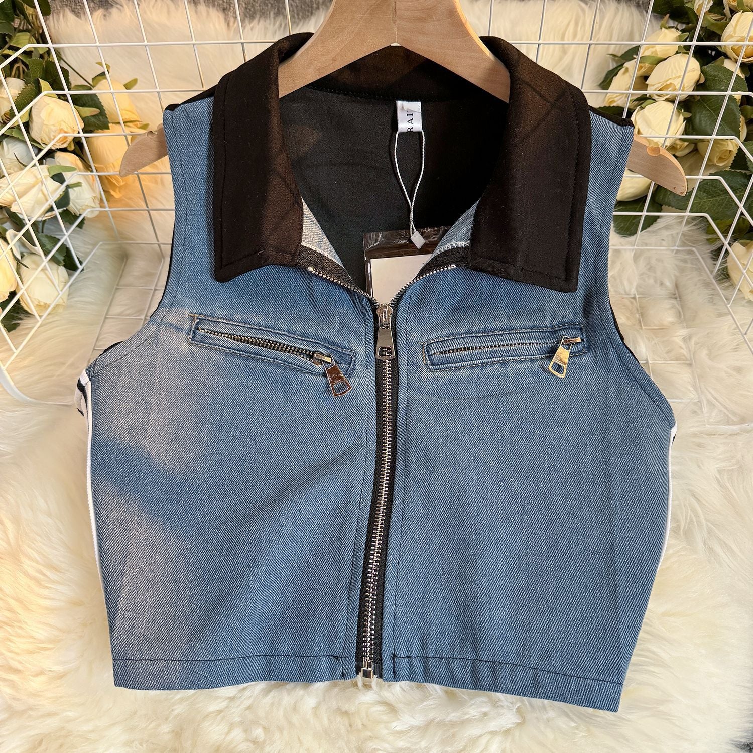 Summer Fashion Sleeveless Short Denim Patchwork Top Wide Leg Trousers Contrast Color Two piece Set for Women 6