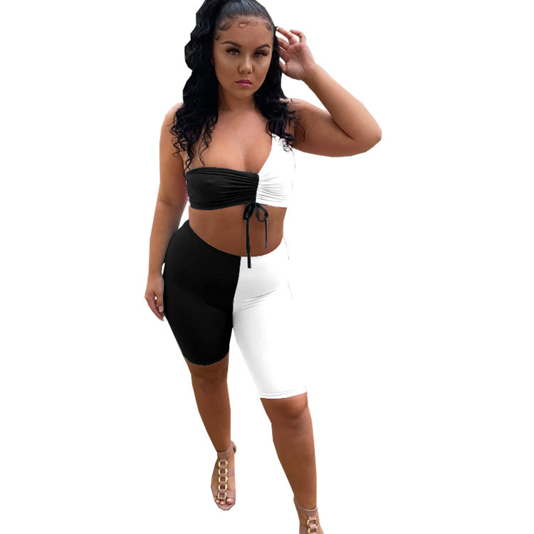 Contrast Color One Shoulder Two Piece Shorts Set 5