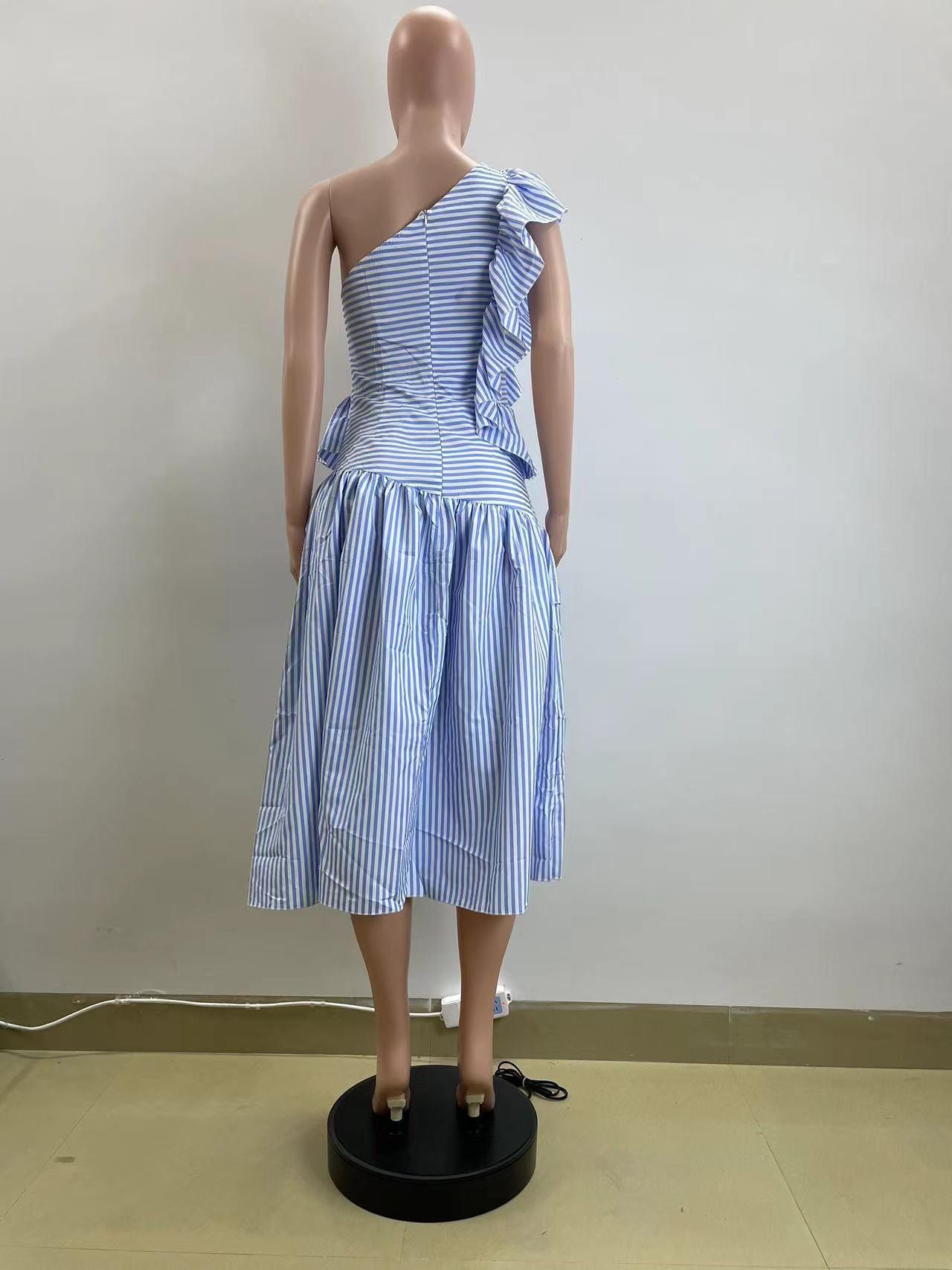 Summer Women's Slash Shoulder Ruffle Striped Sexy Dress 5