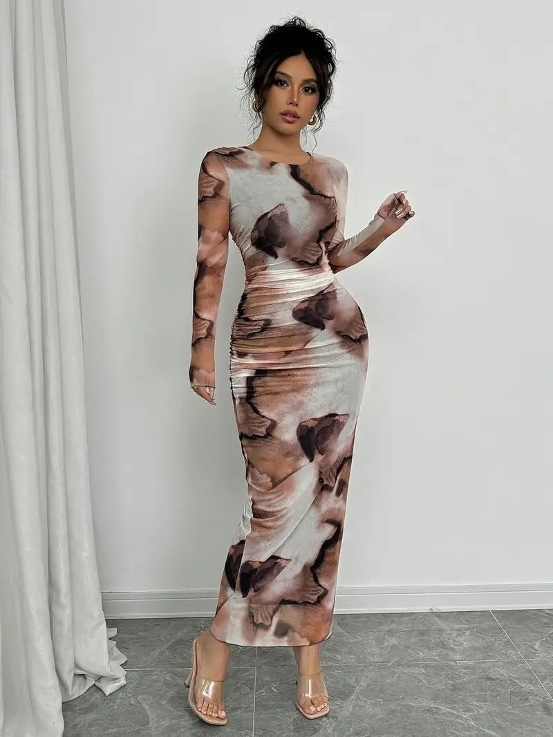 Women Spring/Autumn Printed American Style Long-Sleeved Maxi Dress