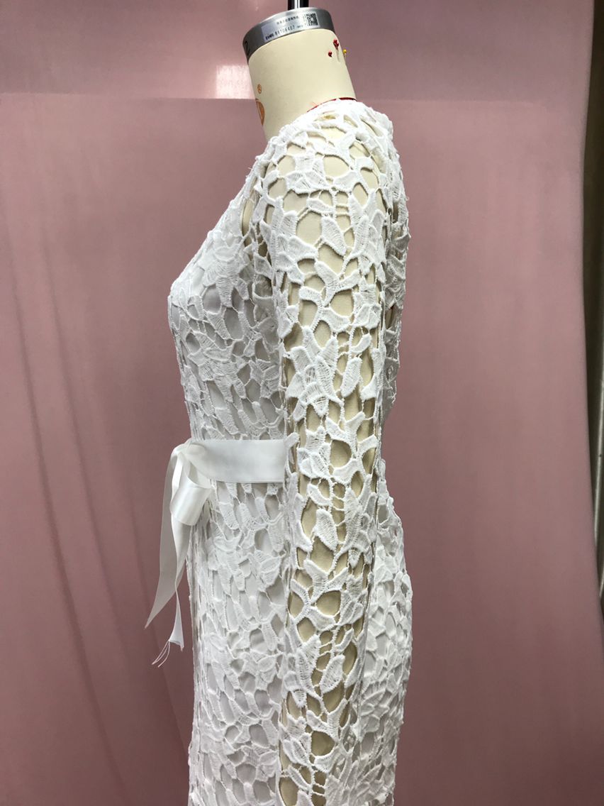 Women Lace Hollow Long Sleeve Stand Collar Lace Irregular Dress 12