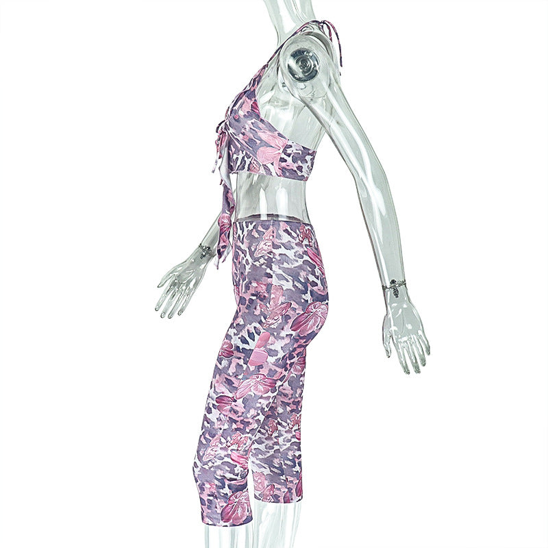 Women's Sexy Leopard Print Lace-up Low-Back Top & Tight Fitted Pants Set 7