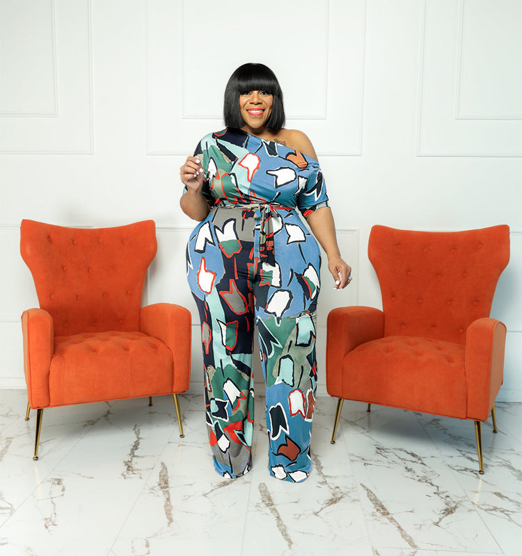 Plus Size Women summer Slash Shoulder print Jumpsuit with belt 7