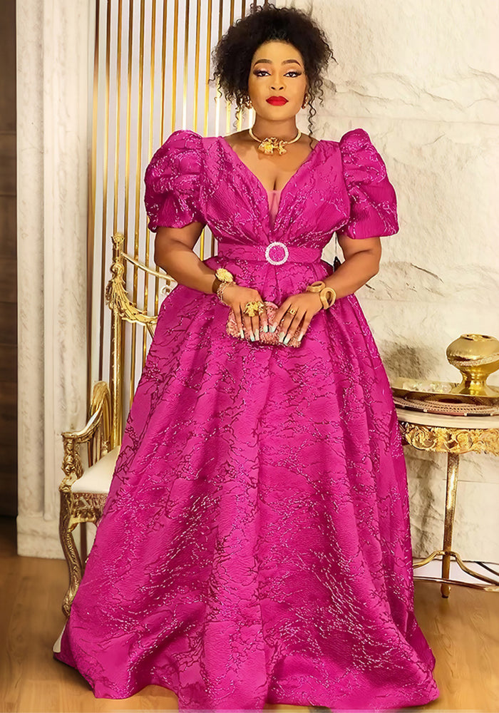 Chic Plus Size Dress Women Africa Mesh V-Neck Party Gown with Belt