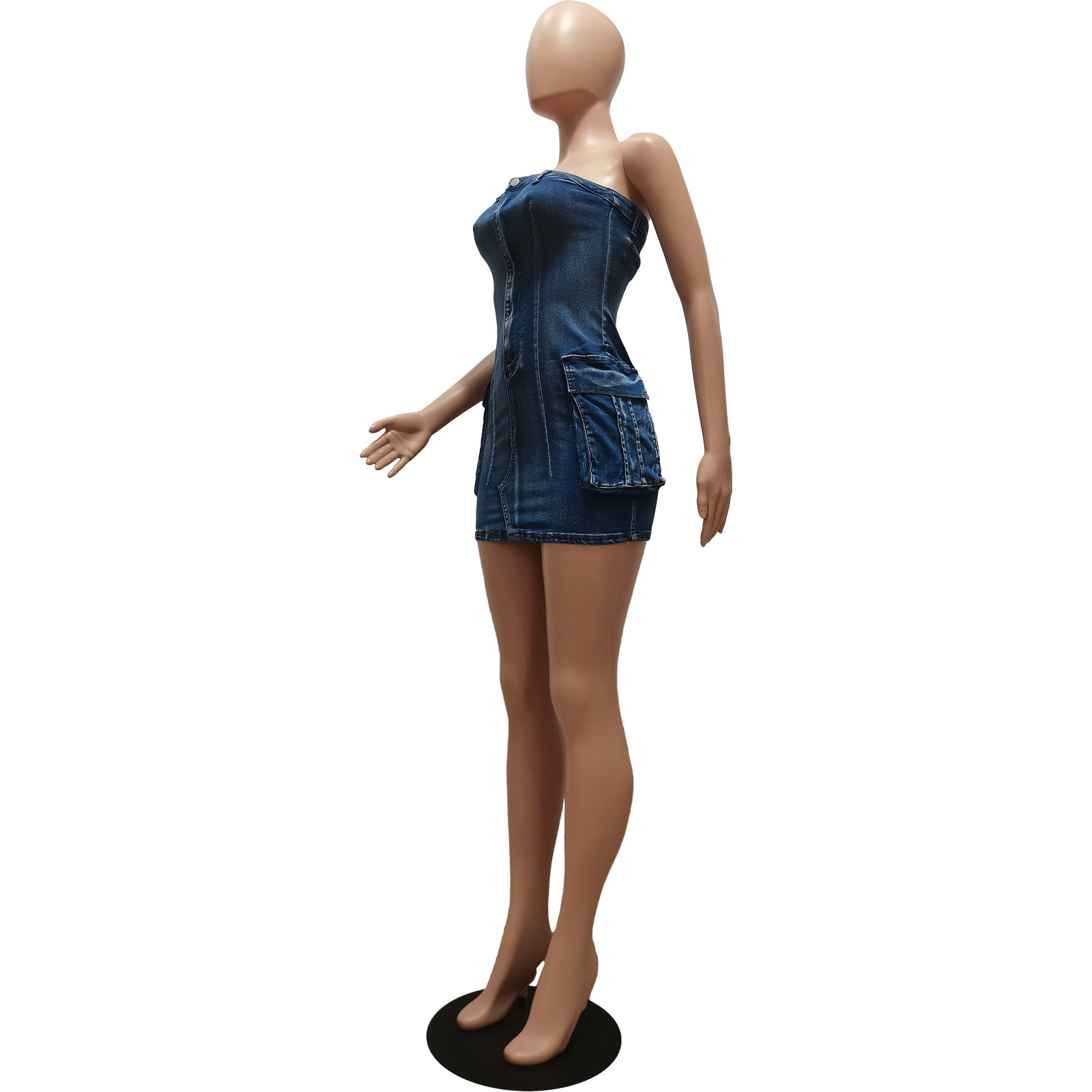 Women Sexy Strapless Washed Button Stretch Denim Dress 8