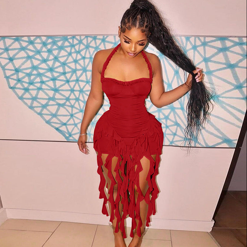 Women Sexy Halter Neck Sleeveless Backless Bodycon Irregular Dress 12