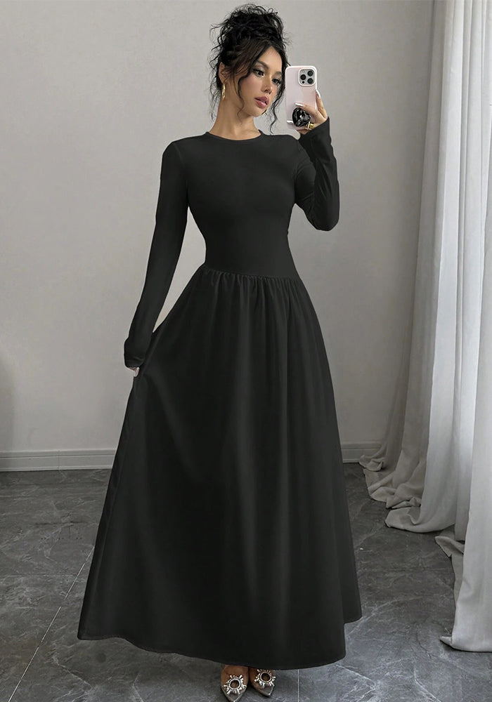 Women Fashion Elegant Black Round Neck Long Sleeve Dress