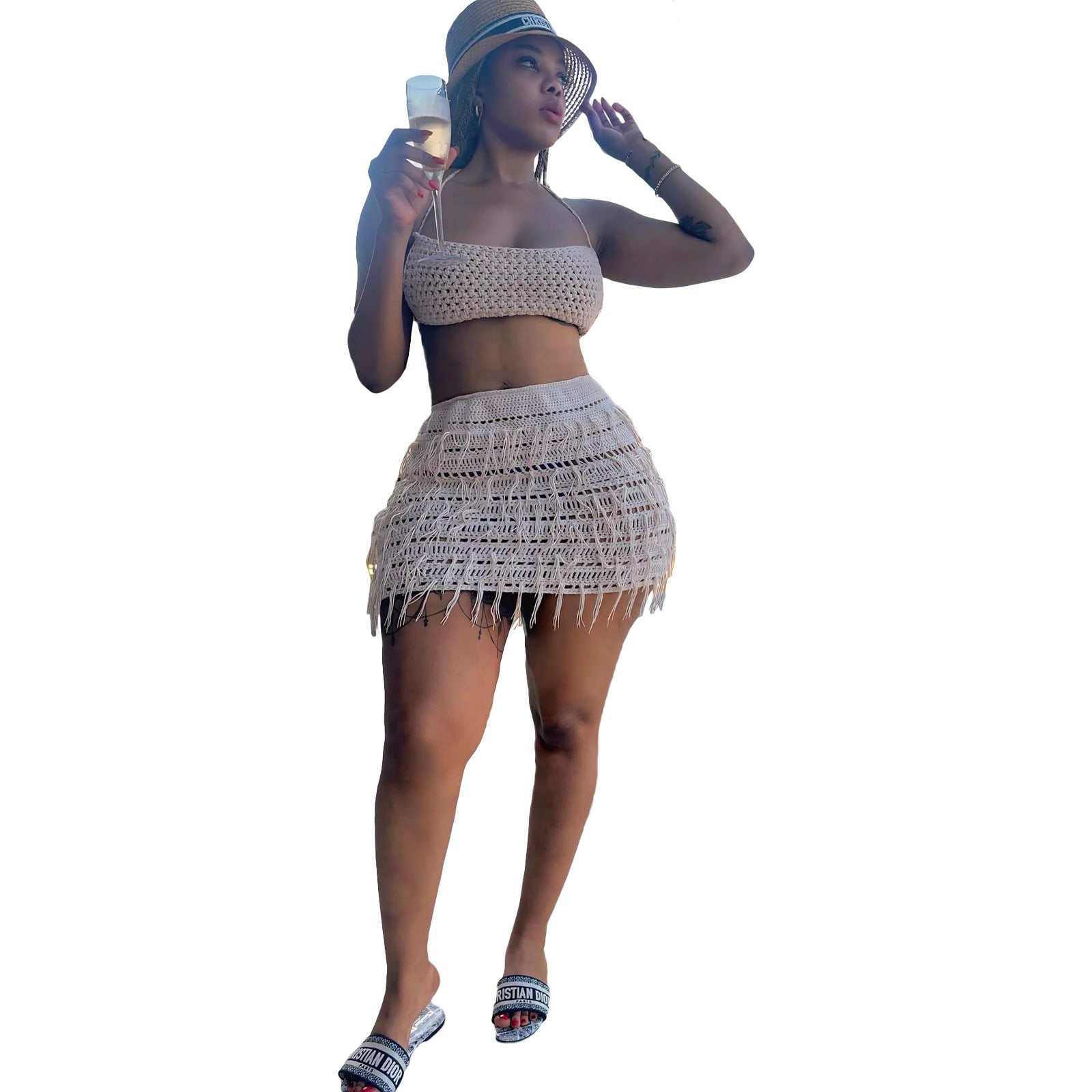 Women knitting Crochet Hollow Tassel Strapless Sexy Top and Skirt two-piece set 5